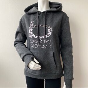 bebe Sport Charcoal Gray Logo Hoodie with Thumb Holes and Kangaroo Pocket